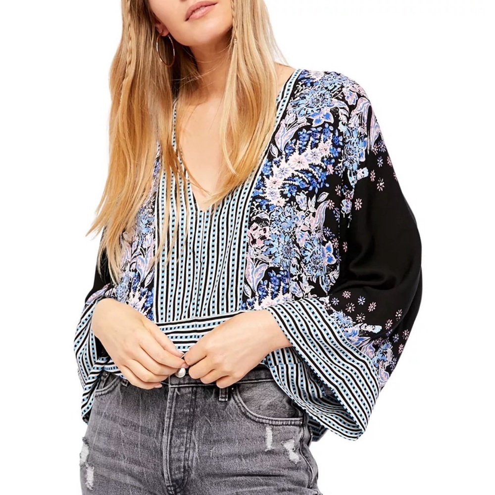 Free People Mix N Match Mixed Print Top Blouse Size Large Blue Black